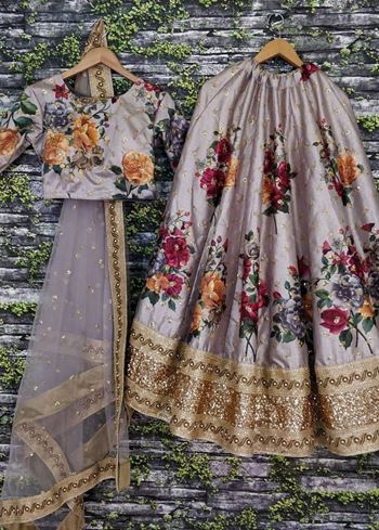 Sabyasachi Gray Floral Digital Printed Art Silk Bridal Lehenga Choli
