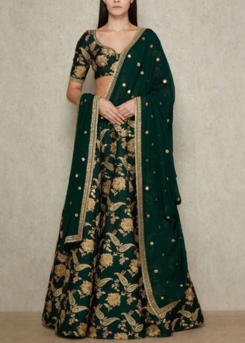 Sabyasachi Green Embroidered Silk Wedding Wear Lehenga Choli