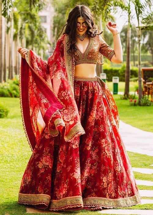 Sabyasachi Maroon Floral Printed Organza Bridal Lehenga Choli