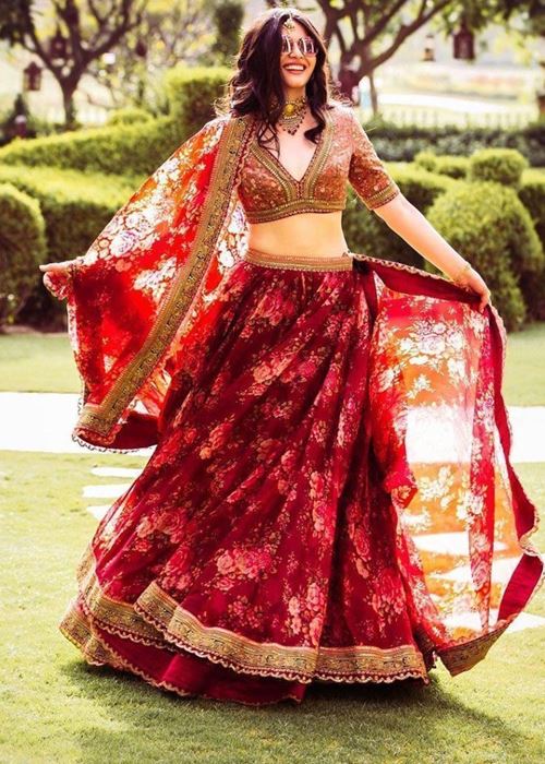 Sabyasachi Maroon Floral Printed Organza Bridal Lehenga Choli