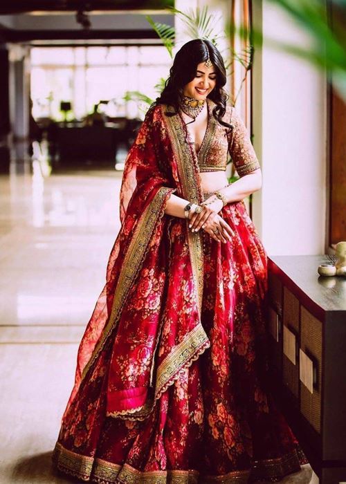 Sabyasachi Maroon Floral Printed Organza Bridal Lehenga Choli