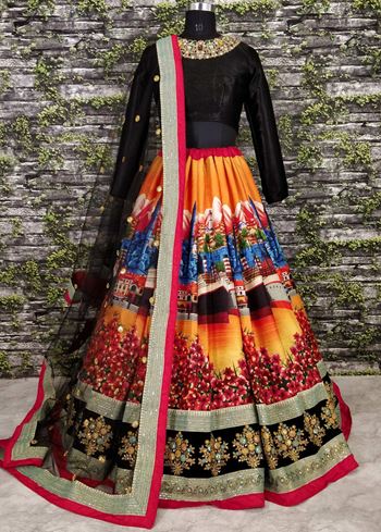 Sabyasachi Multi-Color Digital Printed Silk Wedding Lehenga Choli