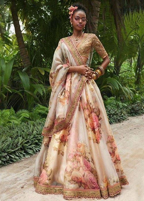 Sabyasachi Off White Floral Printed Organza Bridal Lehenga Choli