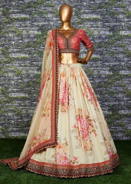 Sabyasachi Off White Floral Printed Organza Bridal Lehenga Choli