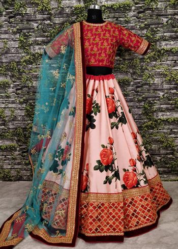 Sabyasachi Pink Rose Digital Floral Print Silk Lehenga Choli