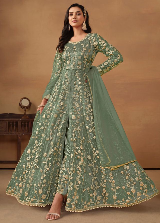 Sage Green Anarkali Suit With Heavy Thread Embroidery With Sequis Work