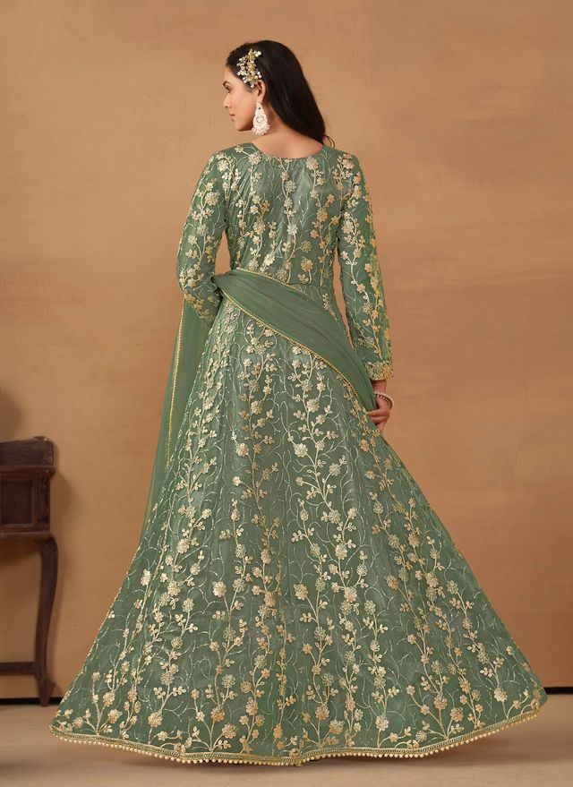 Sage Green Anarkali Suit With Heavy Thread Embroidery With Sequis Work