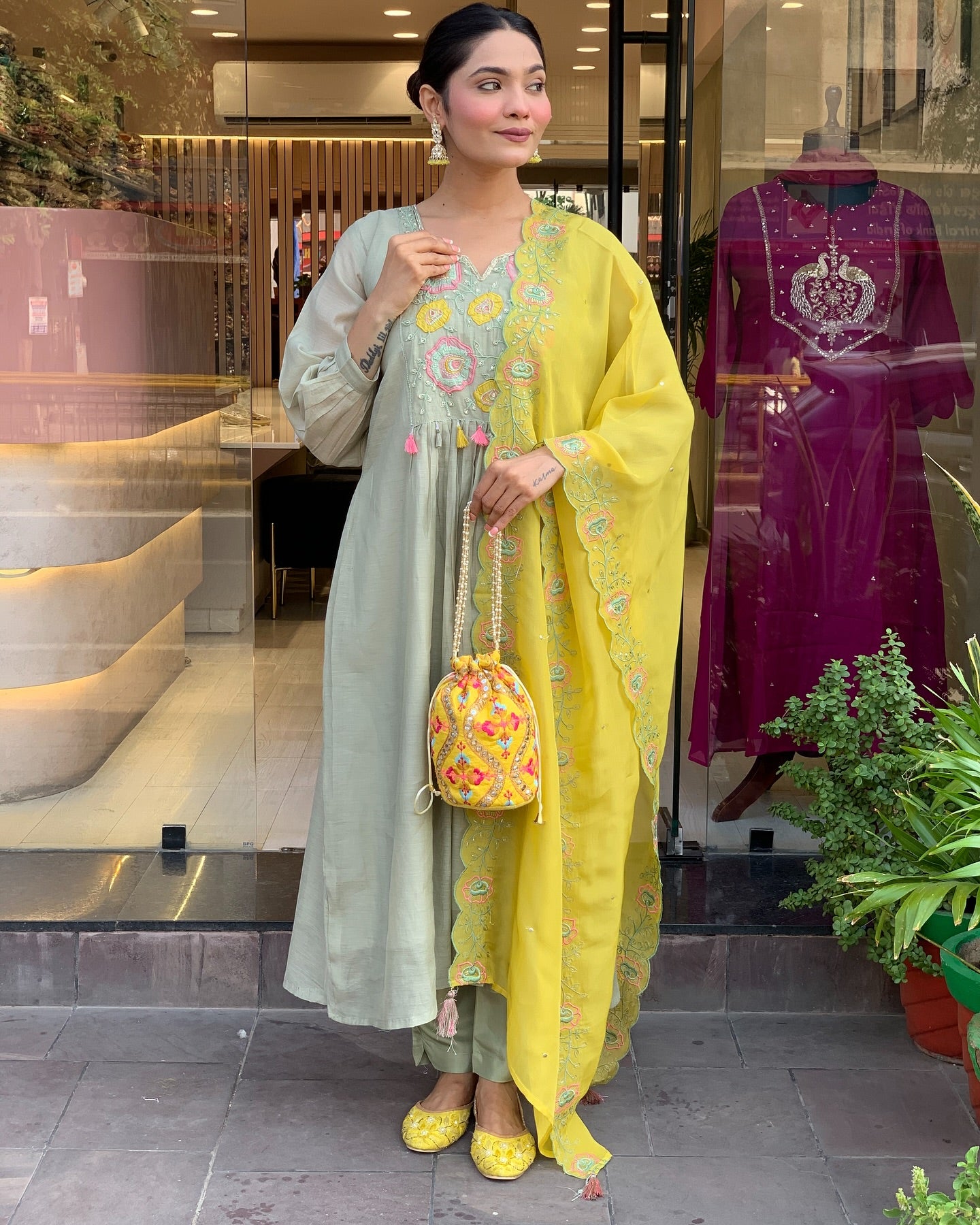 Sage Green Parampara Silk Kurta Pant Set With Heavy Thread Embroidery Work