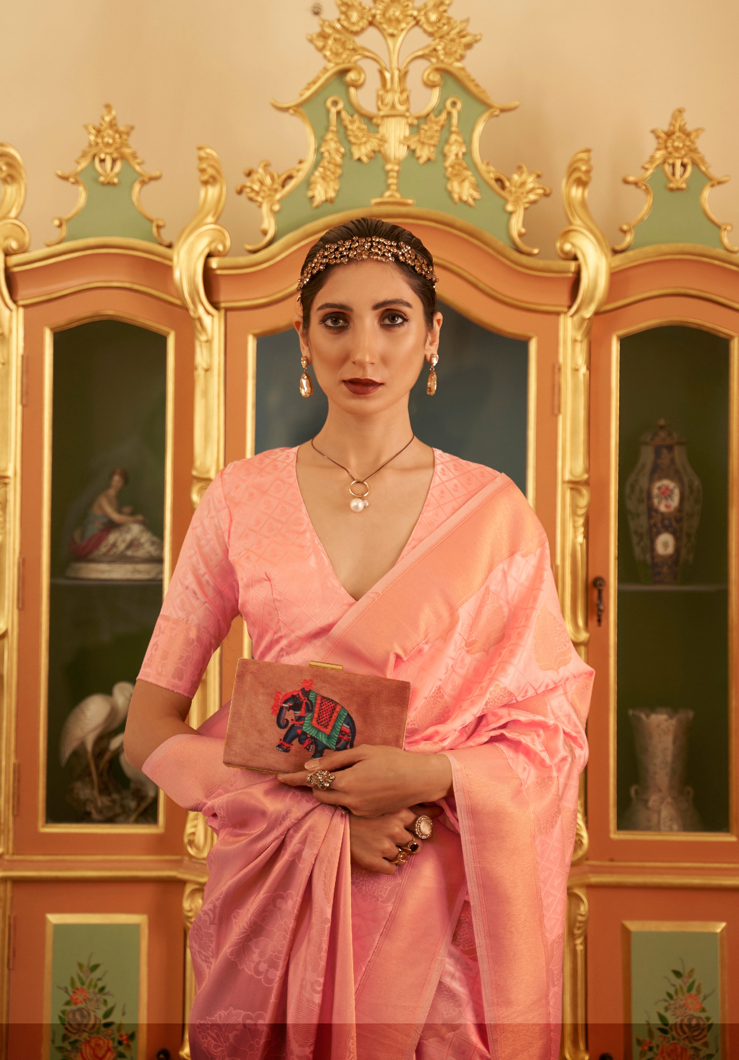 Salmon Handloom Silk Saree With Copper Zari Woven Work