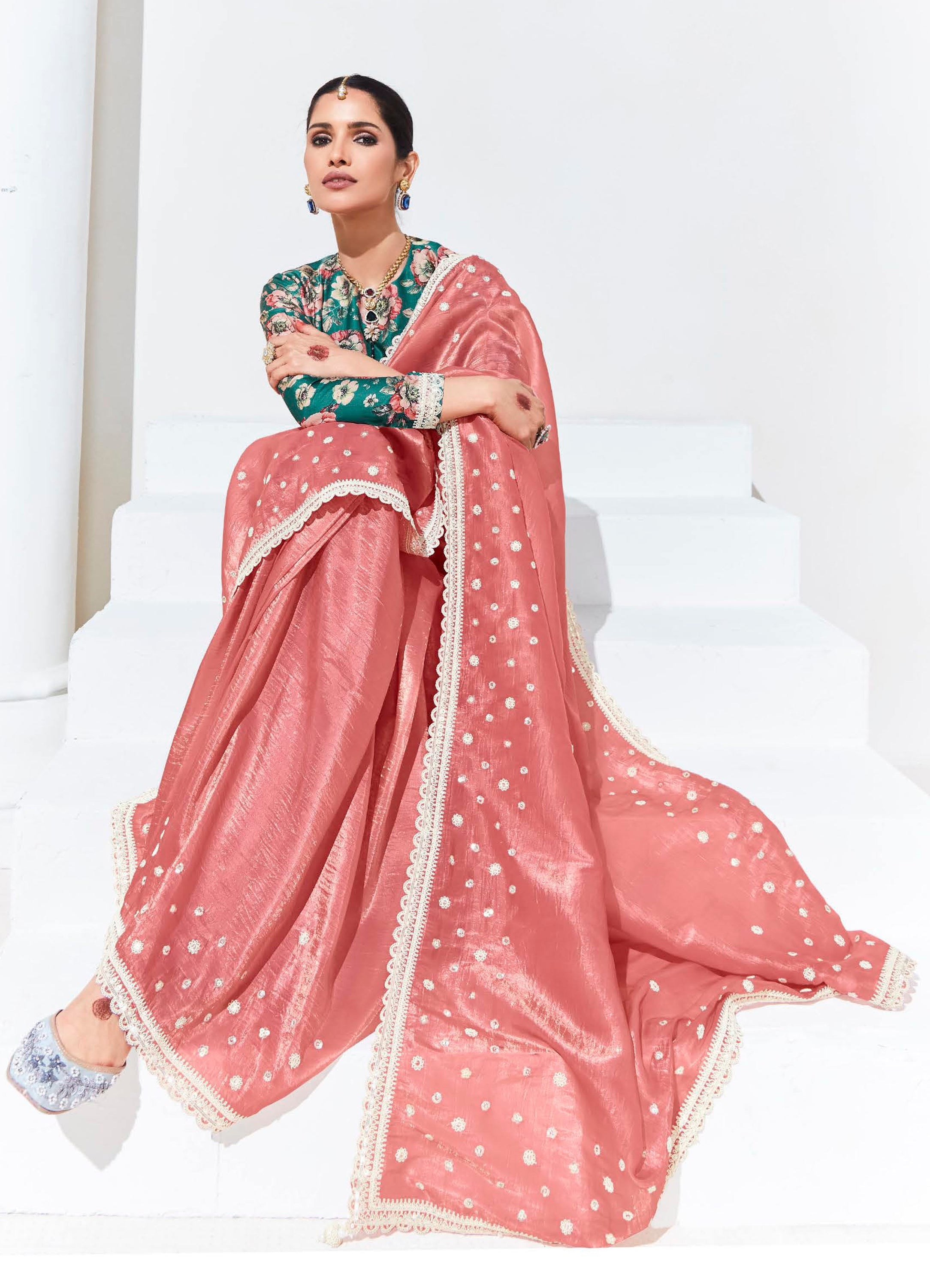 Salmon Organza Saree With  Thread Embroidery with Printed Blouse