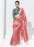 Salmon Organza Saree With  Thread Embroidery with Printed Blouse