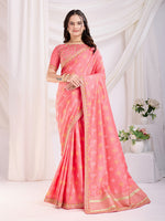 Salmon Pink Beautiful Bandhej Printed With Embroidery Work Vichitra Silk Saree