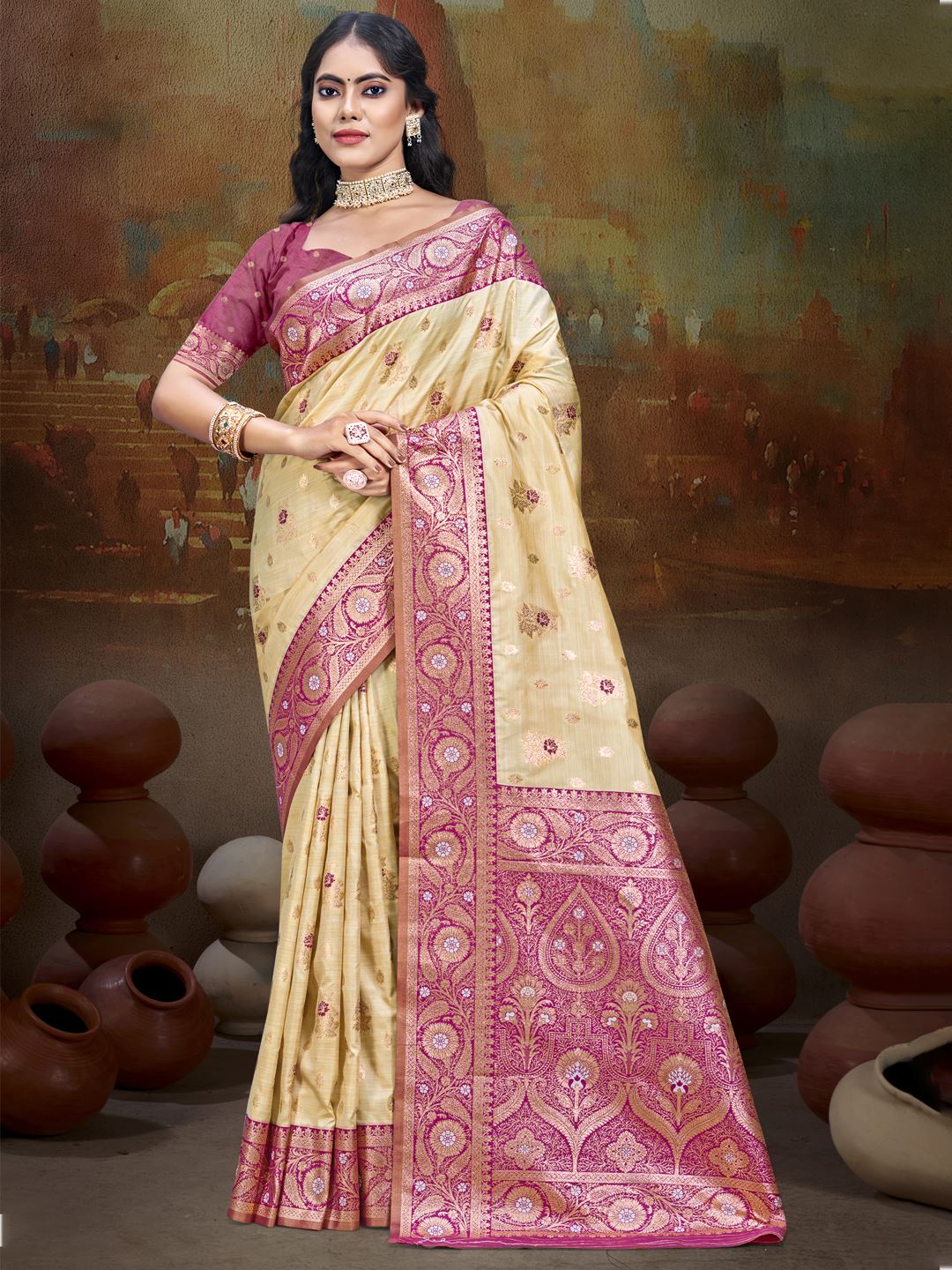 Sandy Beige and Royal Plum Silk Saree