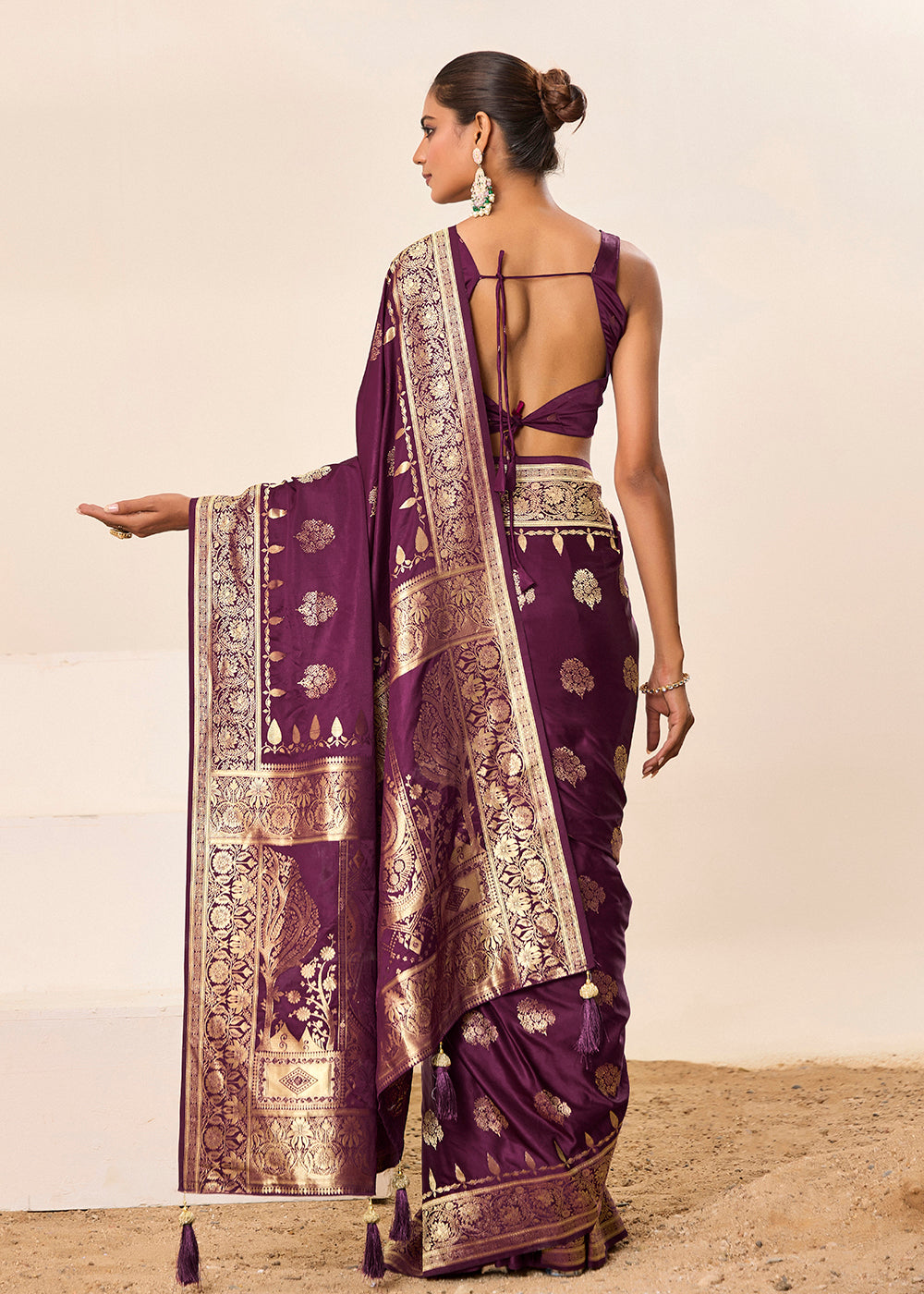 Satin Silk Woven Jacquard Designer Wine Festive Ceremonial Stylish Saree