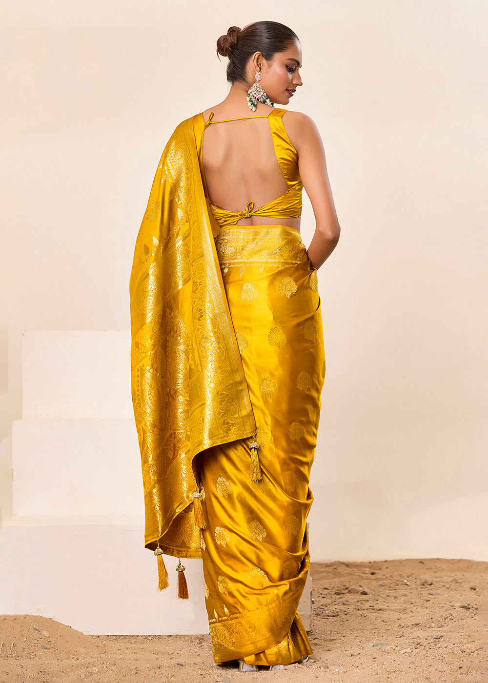 Satin Silk Woven Jacquard Designer Yellow Festive Ceremonial Stylish Saree