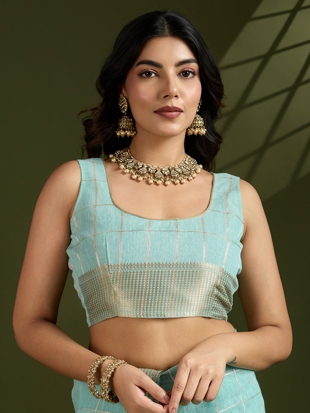 Sea-Green Soft Silk Saree with Checks and Zari Pallu