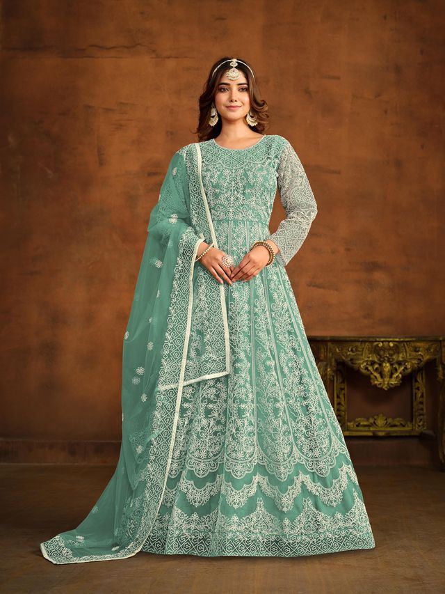 Sea Green Anarkali Suit With Heavy Thread Embroidery Work
