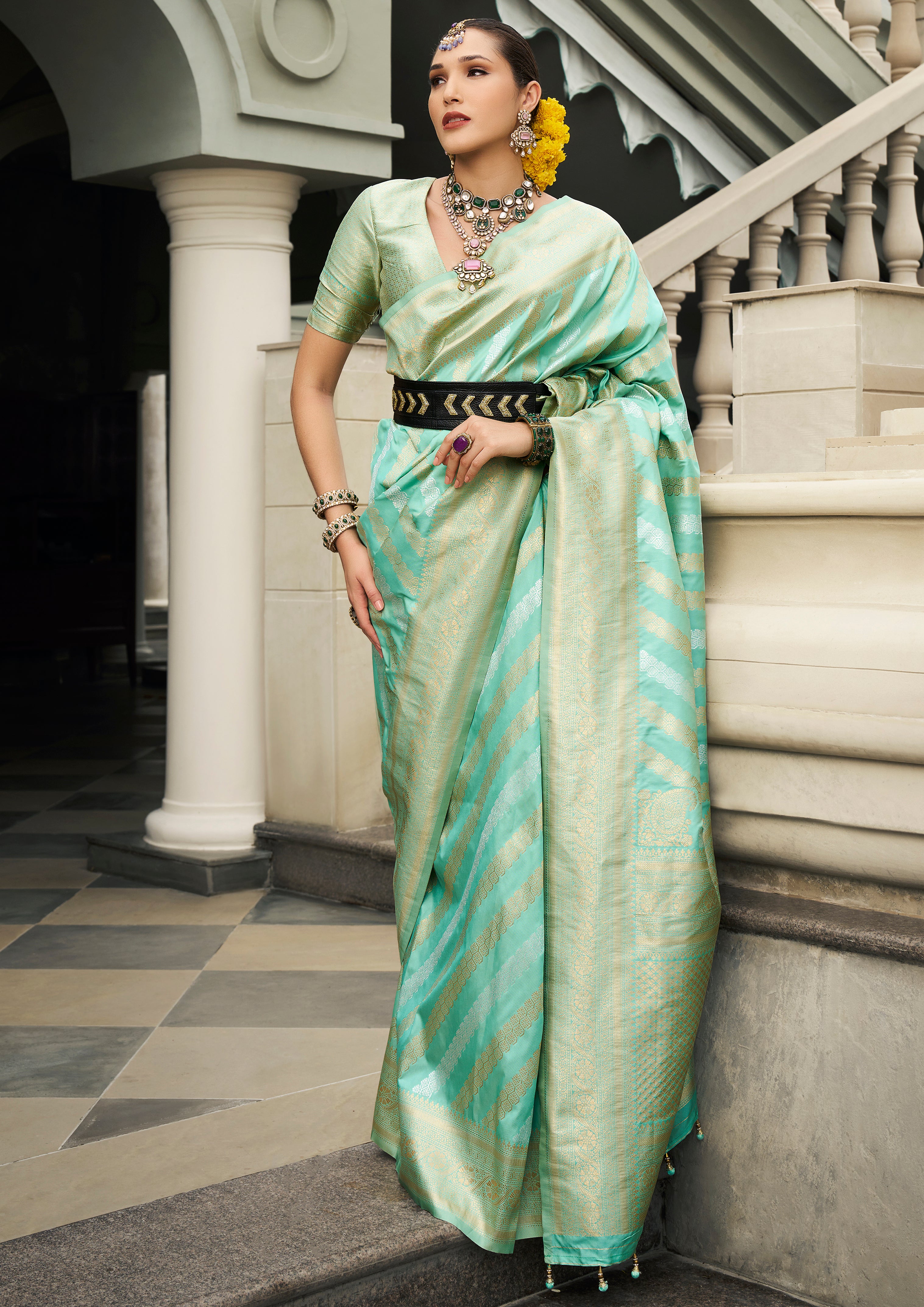 Sea Green Banarasi Silk Saree With  Jacquard Woven Work