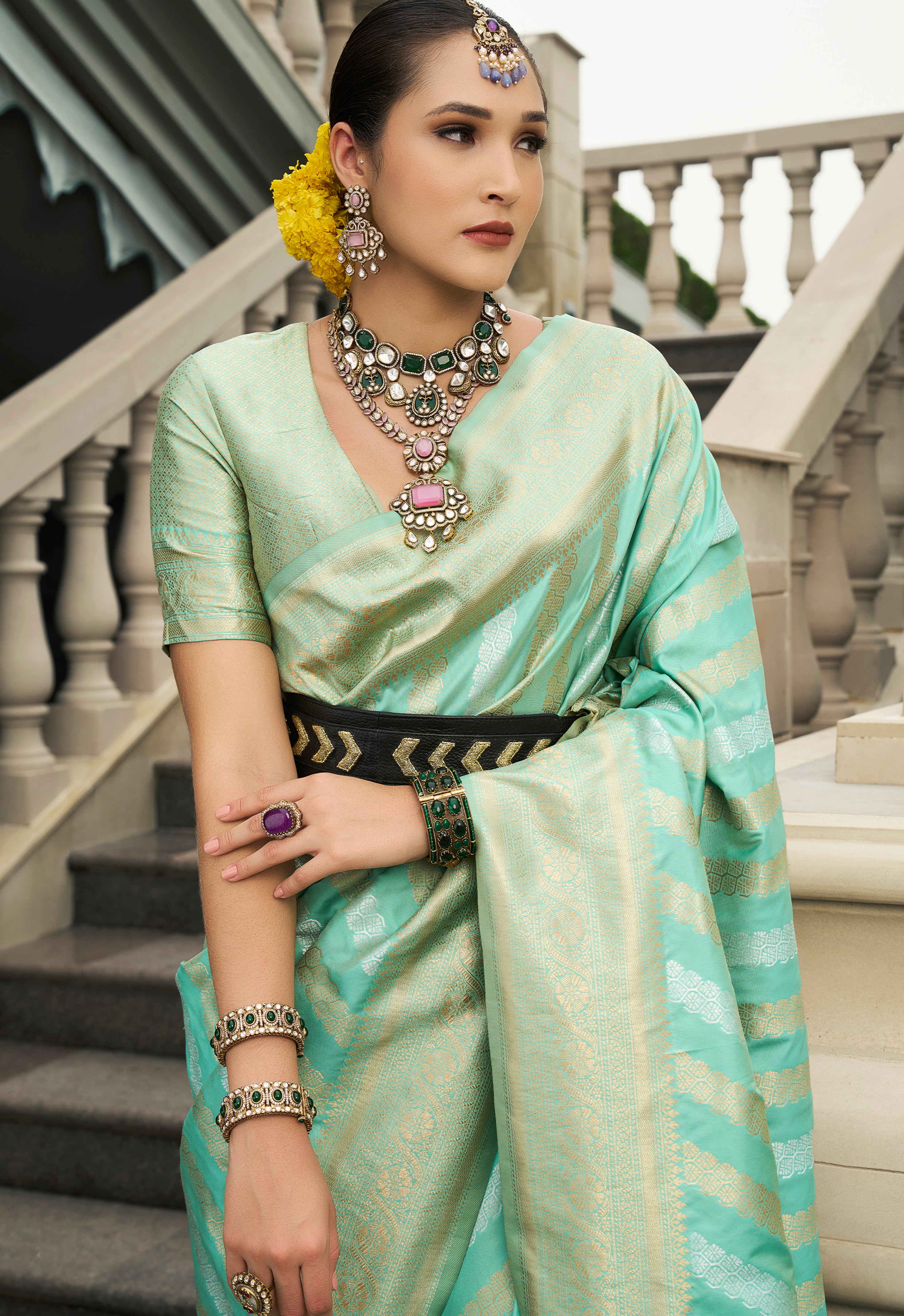 Sea Green Banarasi Silk Saree With  Jacquard Woven Work