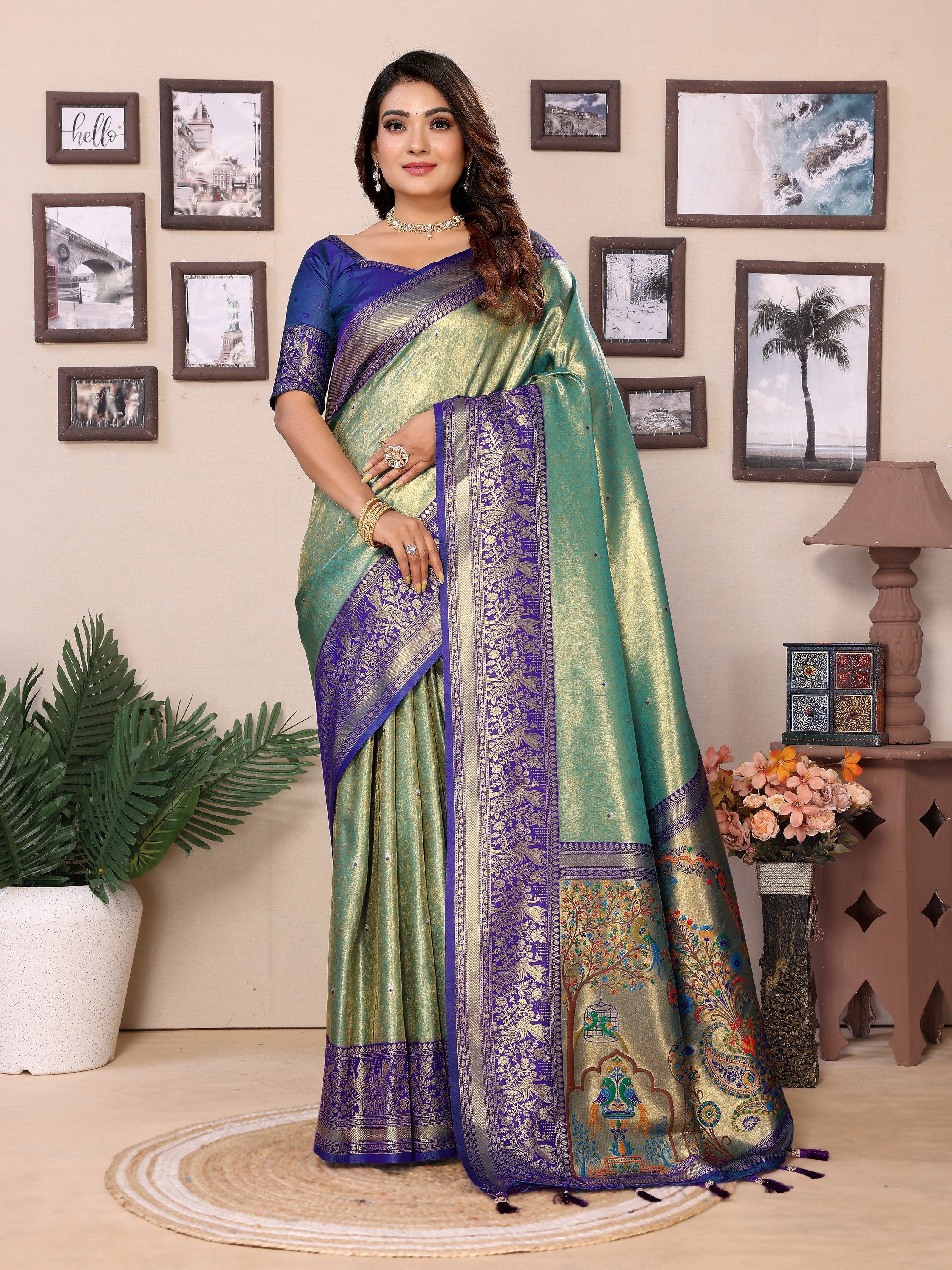 Sea Green Banarasi Tissue Silk Heavy Woven Jari Designer Ceremonial Saree