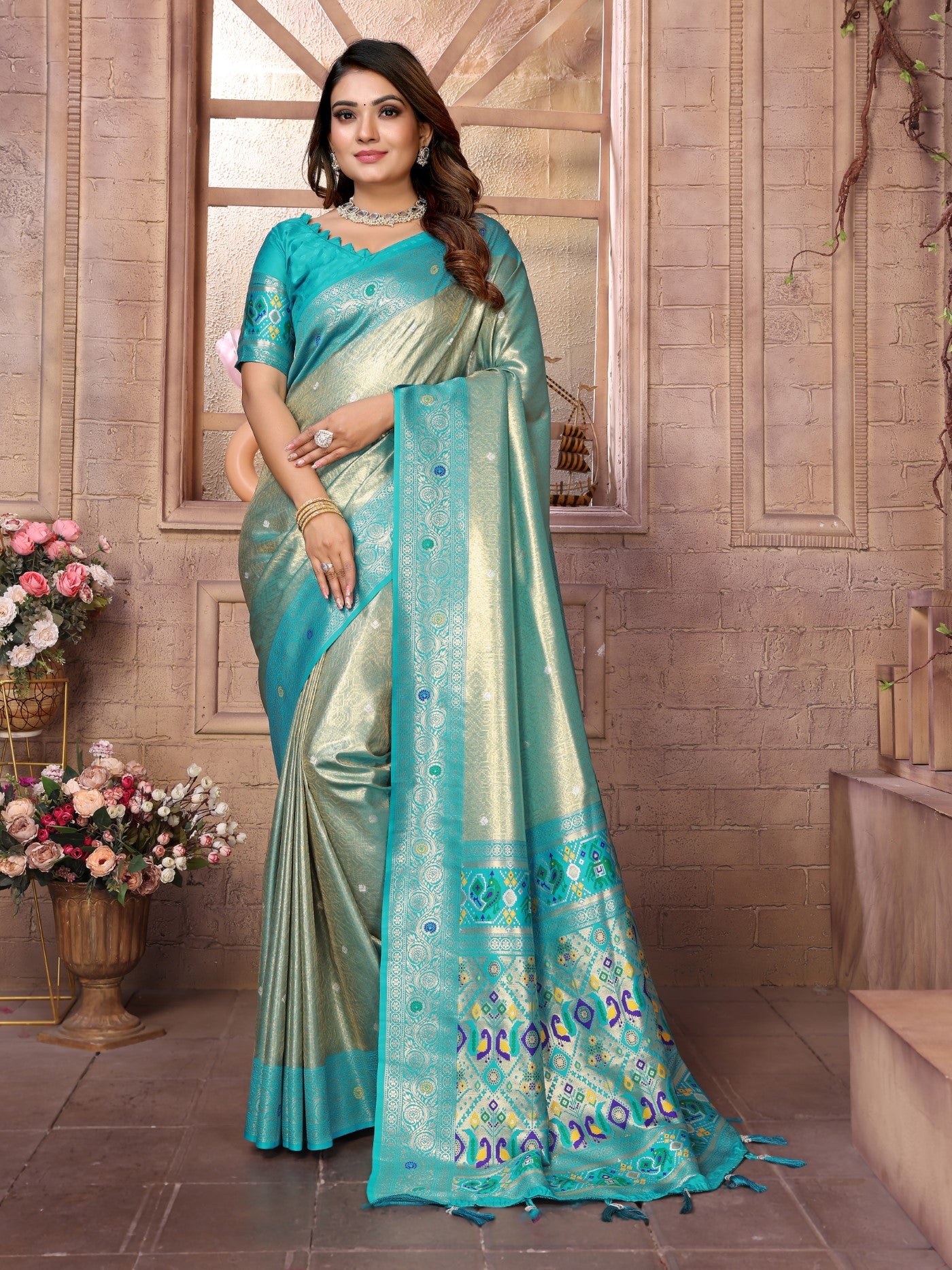 Sea Green Banarasi Tissue Silk Saree With Traditional Weaving