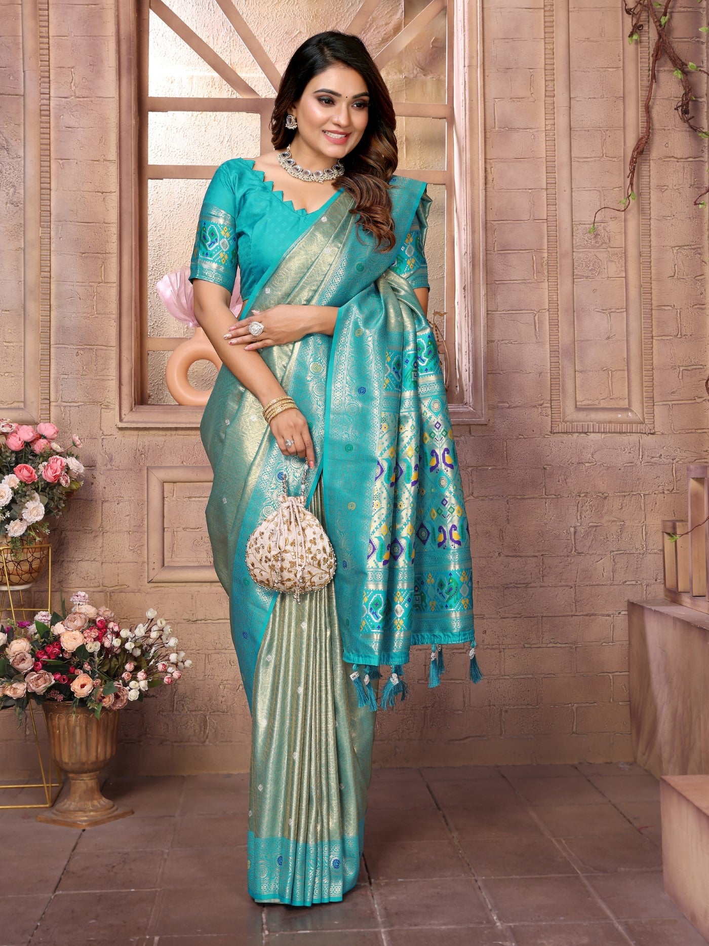 Sea Green Banarasi Tissue Silk Saree With Traditional Weaving