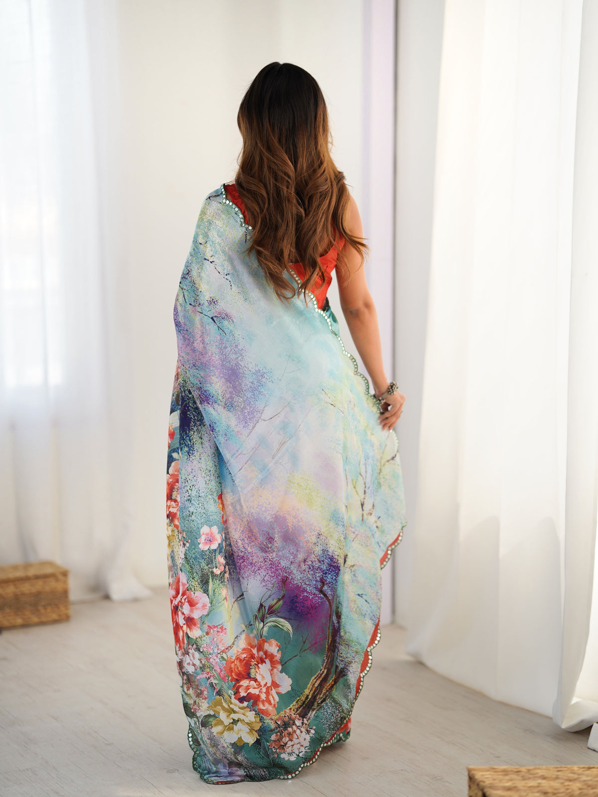 Sea Green Beautiful Chinon Smart Printed Festive Wear Ceremonial Saree