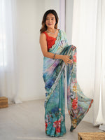 Sea Green Beautiful Chinon Smart Printed Festive Wear Ceremonial Saree