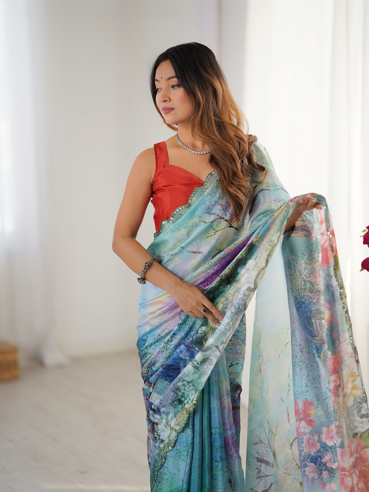 Sea Green Beautiful Chinon Smart Printed Festive Wear Ceremonial Saree
