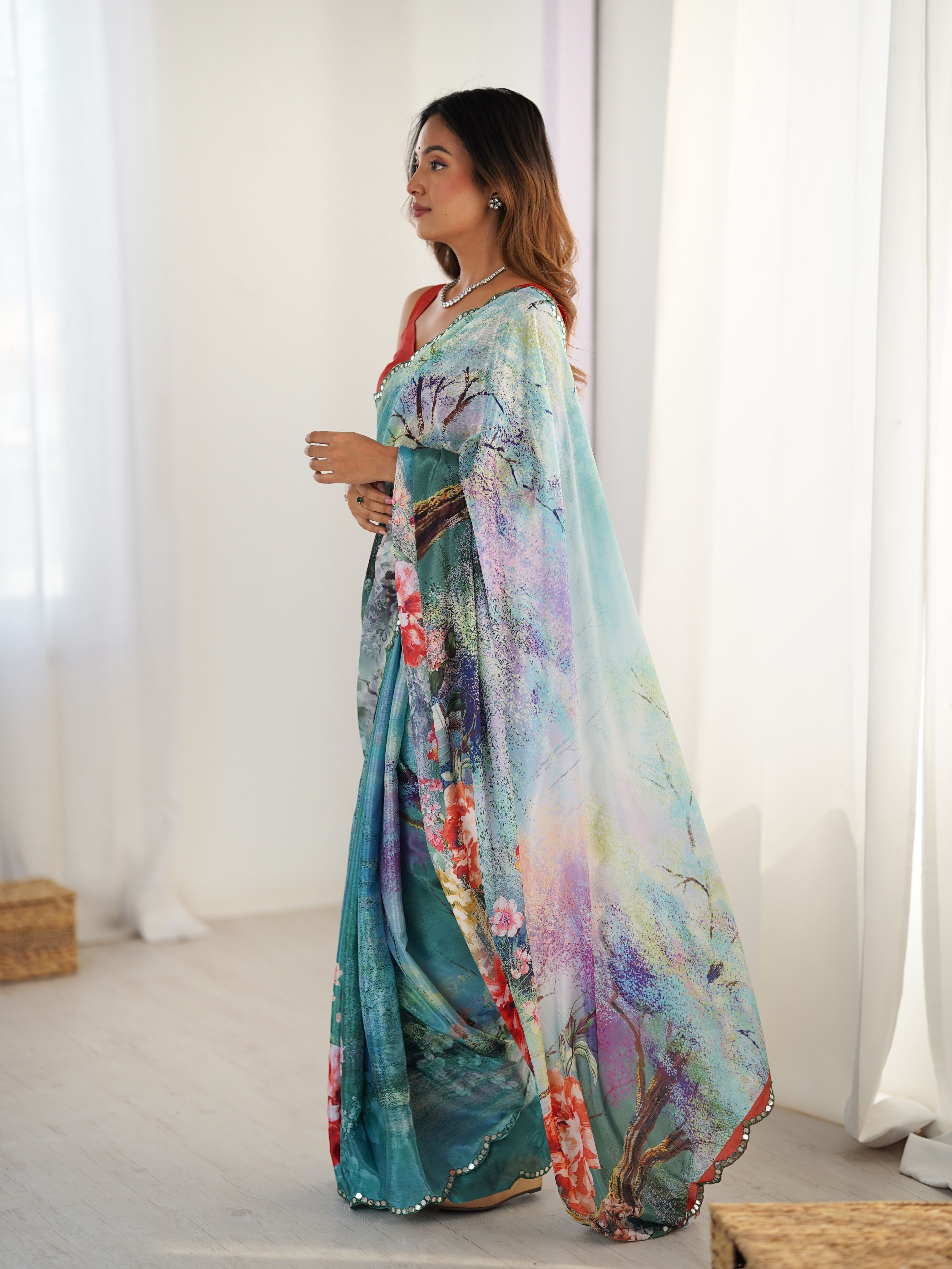 Sea Green Beautiful Chinon Smart Printed Festive Wear Ceremonial Saree