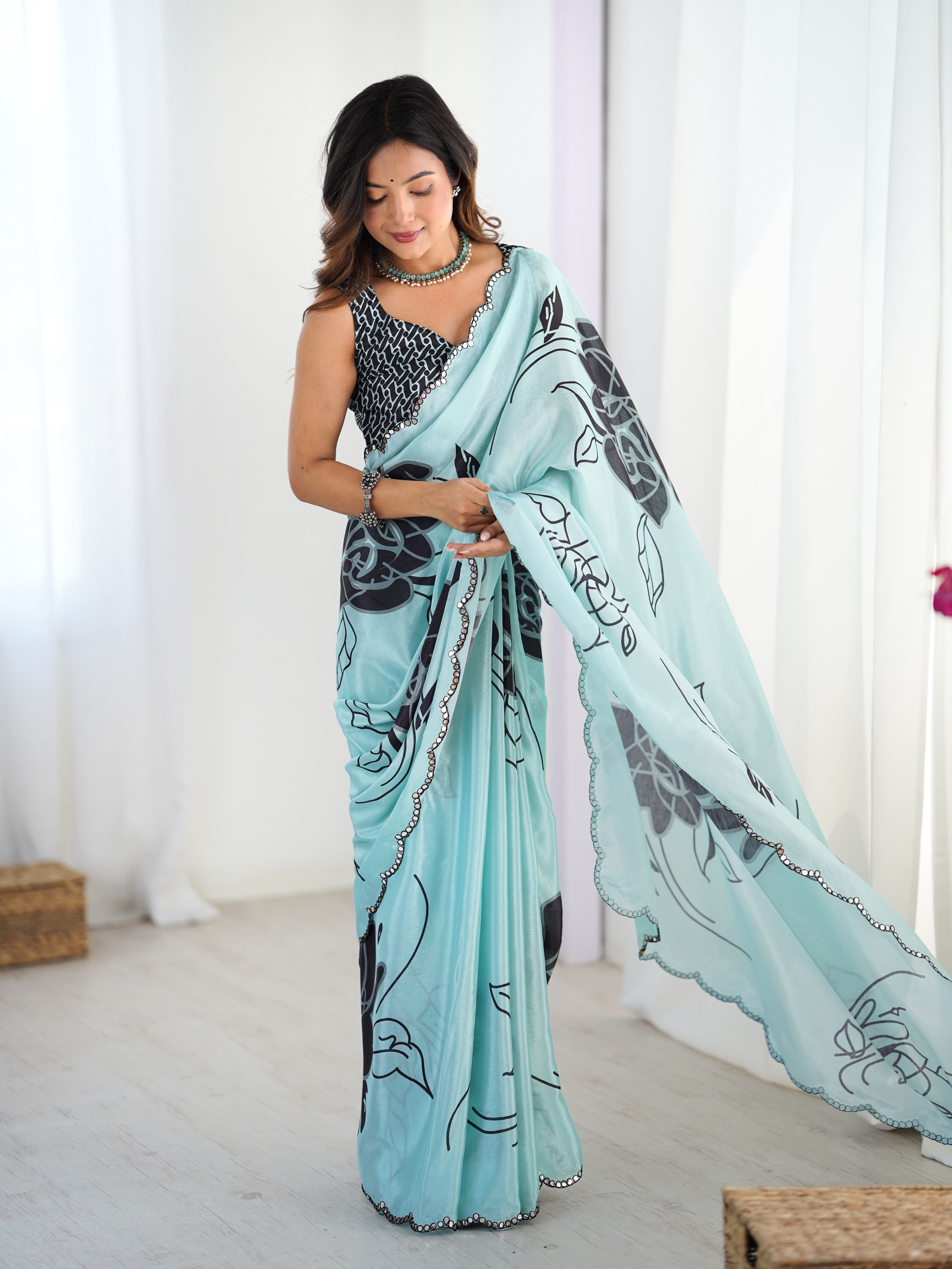 Sea Green Beautiful Chinon Smart Printed Festive Wear Ceremonial Saree