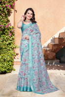 Sea Green Beautiful Designer Printed Saree With Woven Border