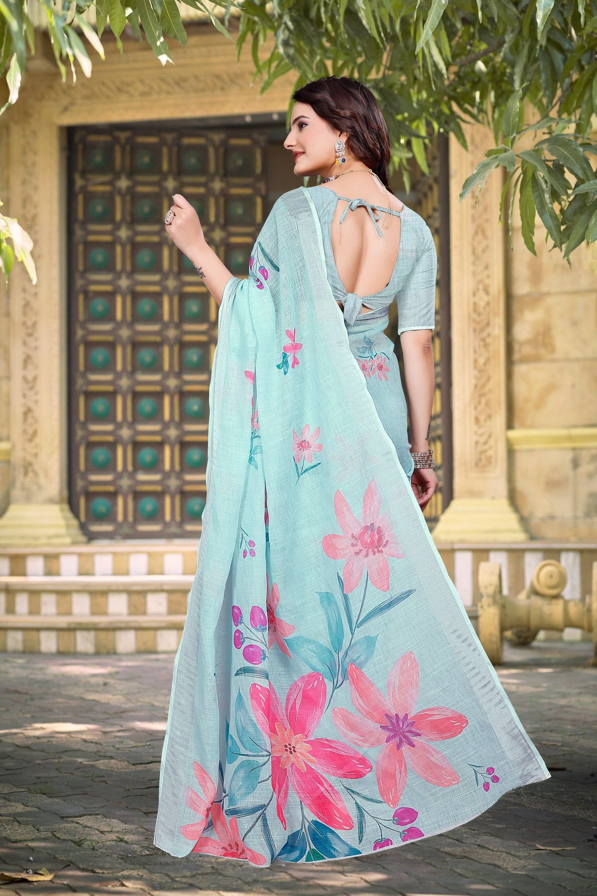 Sea Green Beautiful Designer Printed Saree With Woven Border