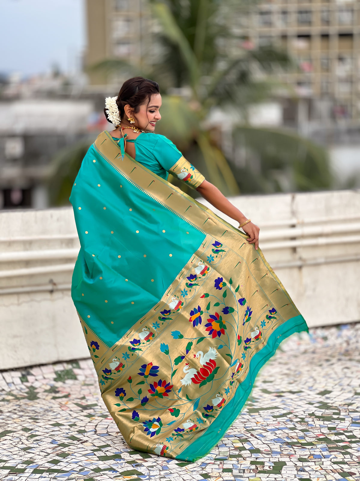Sea Green Beautiful Woven Meenakari Polka Designer Paithani Silk Ethnic Graceful Saree