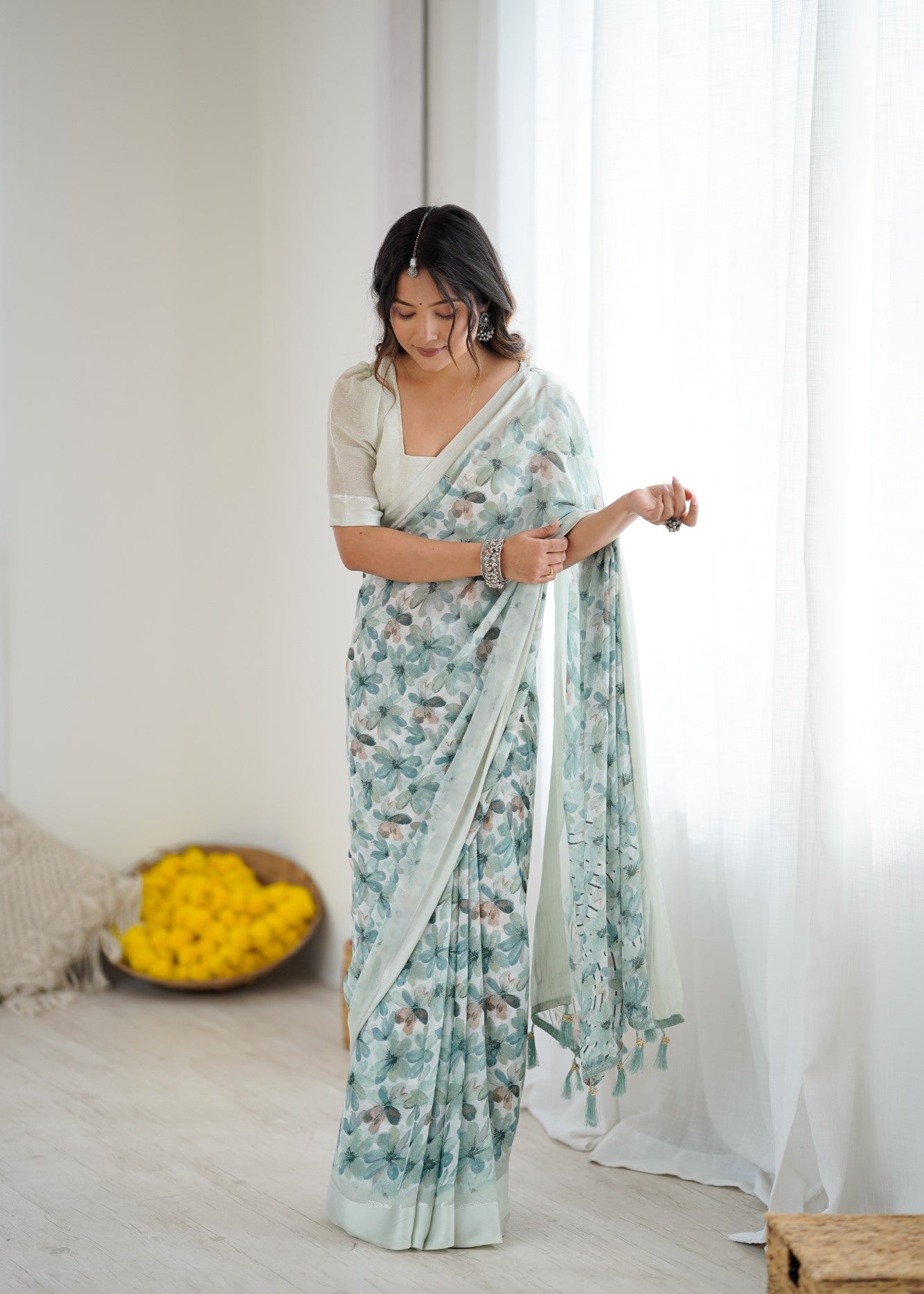 Sea Green Bright Moss Satin Patta Saree With Printed Design