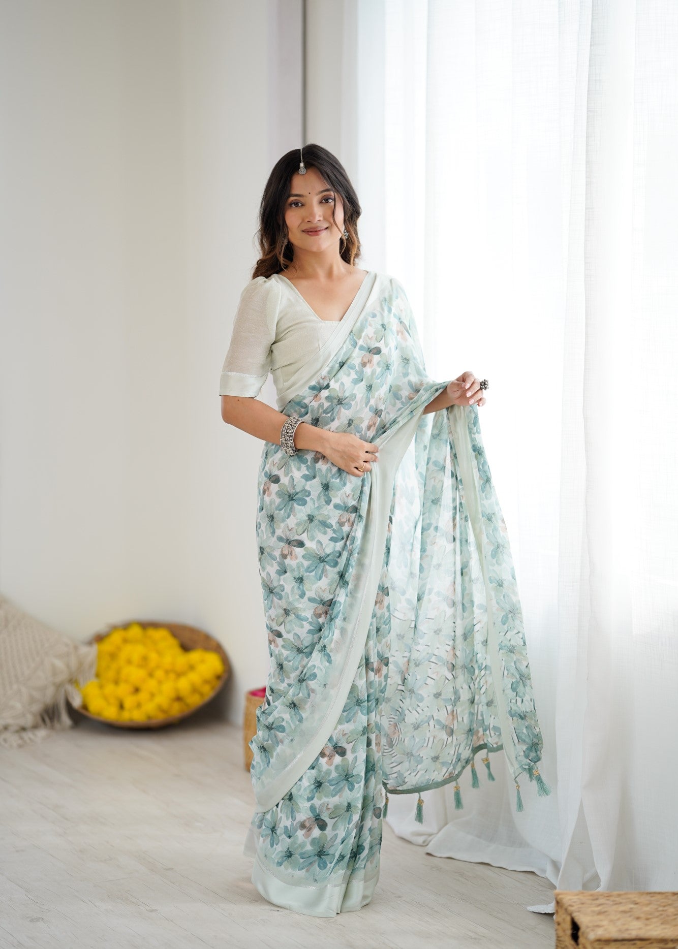 Sea Green Bright Moss Satin Patta Saree With Printed Design