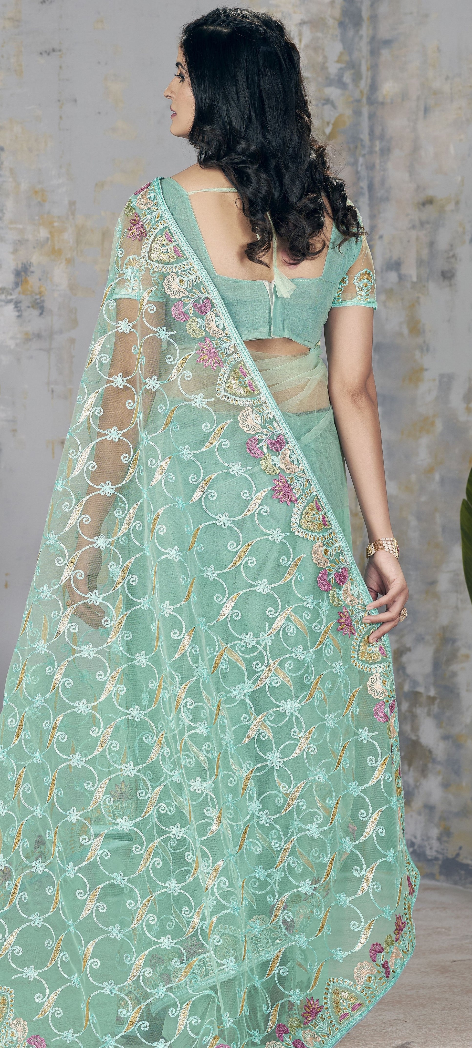 Sea Green Butterfly Net Graceful Embroidery Work Partywear Saree