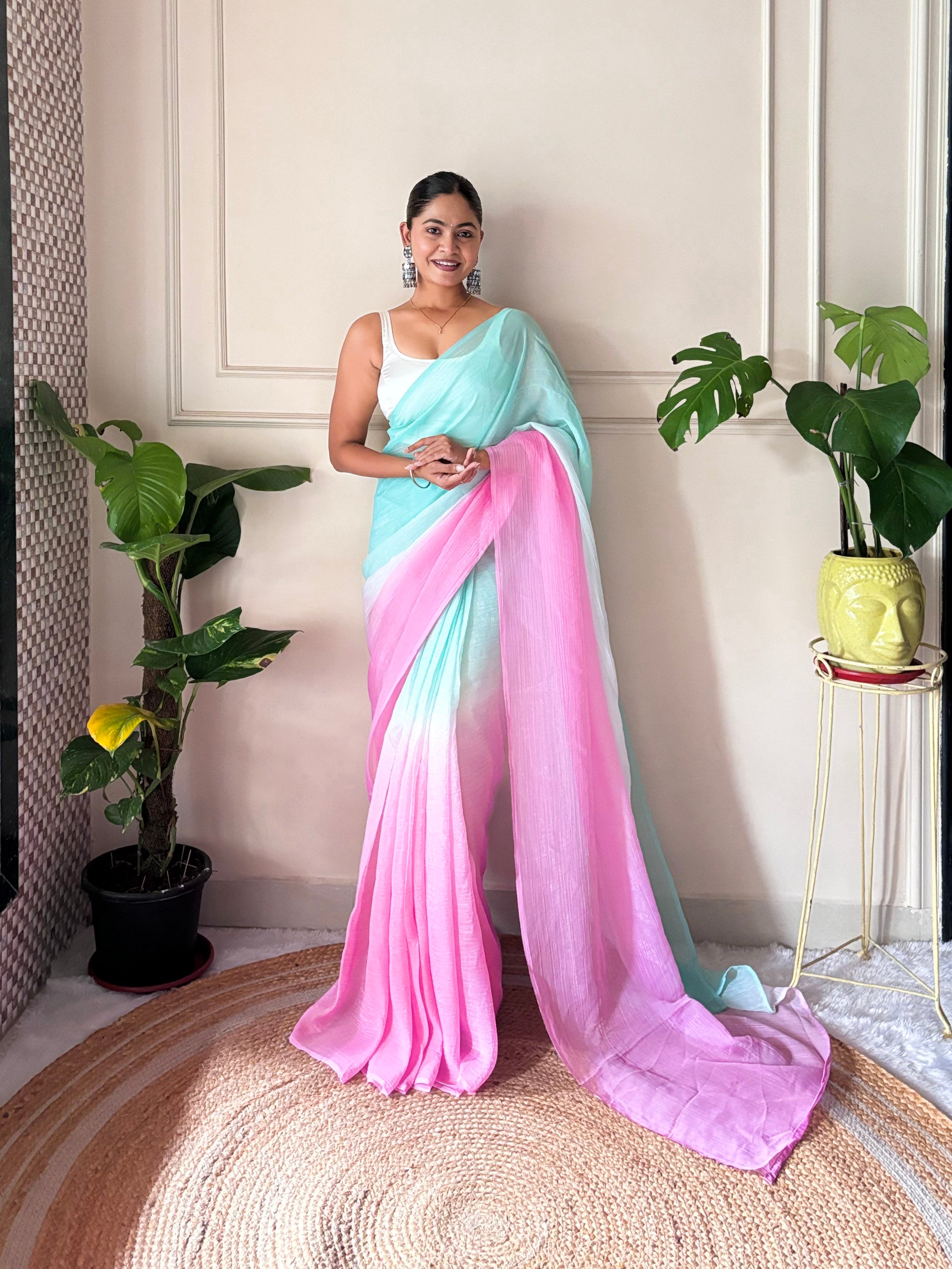 Sea Green Crunchy Pedding Solid Bollywood Style Ready To Wear Saree