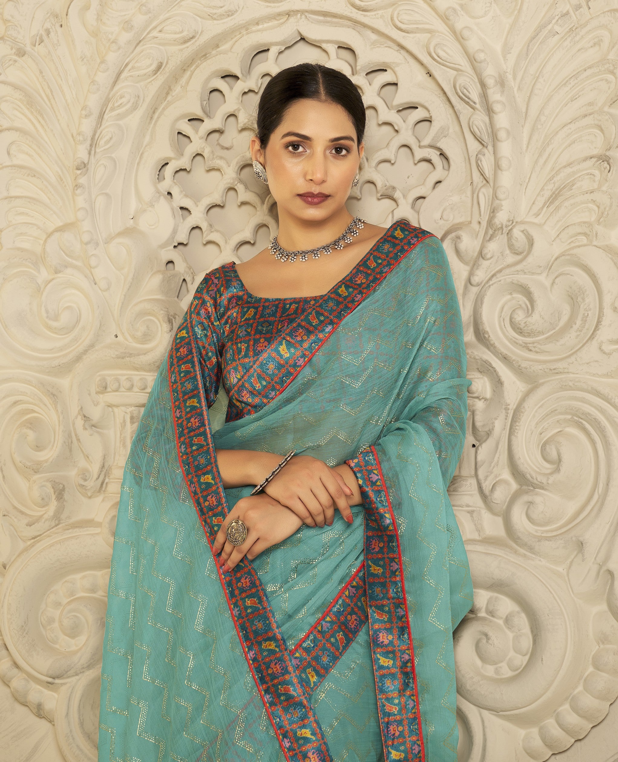 Sea Green Designer Digital Foil Printed Bollywood Style Chiffon Saree
