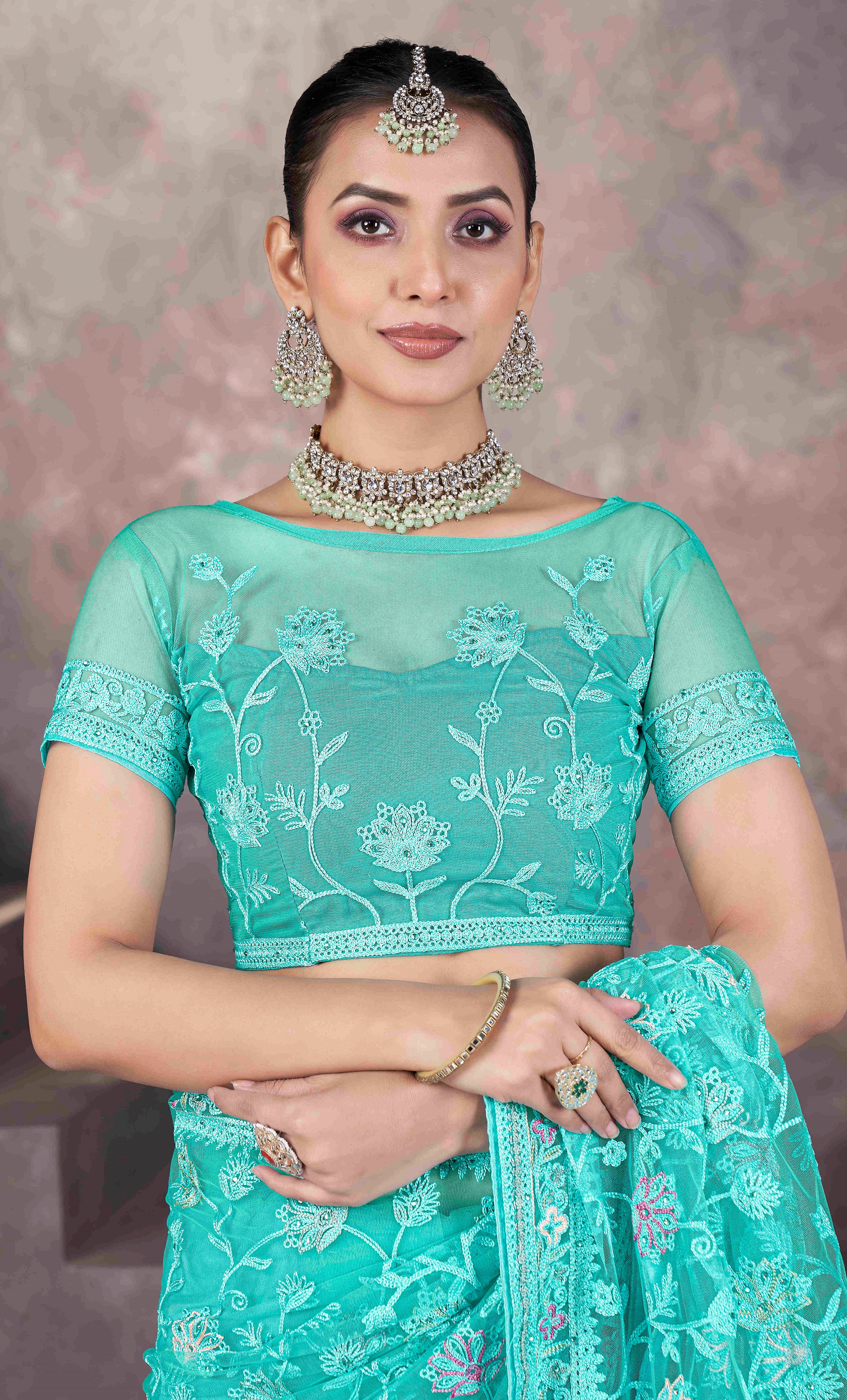 Sea Green Designer Thread Embroidery Work Butterfly Net Ceremonial Saree