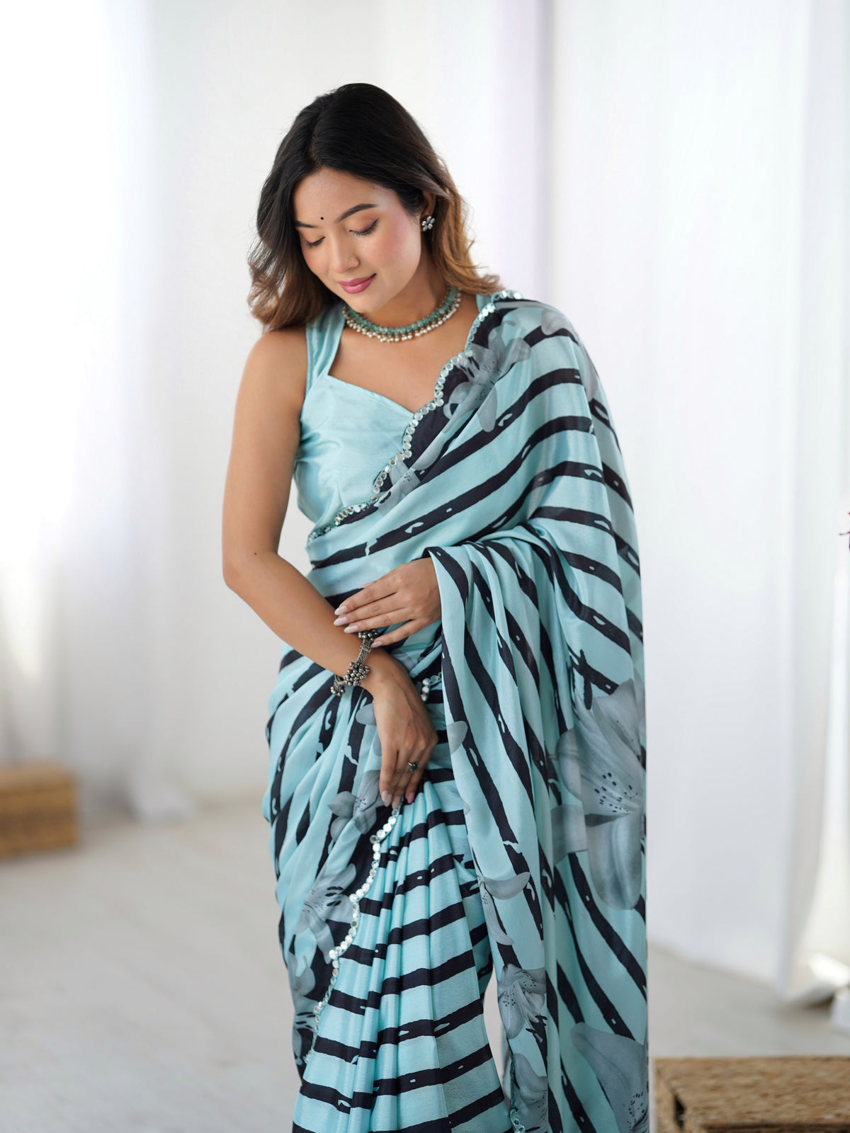 Sea Green Digital Printed Stylish Chinon Fanbric Glamorous Partywear Saree