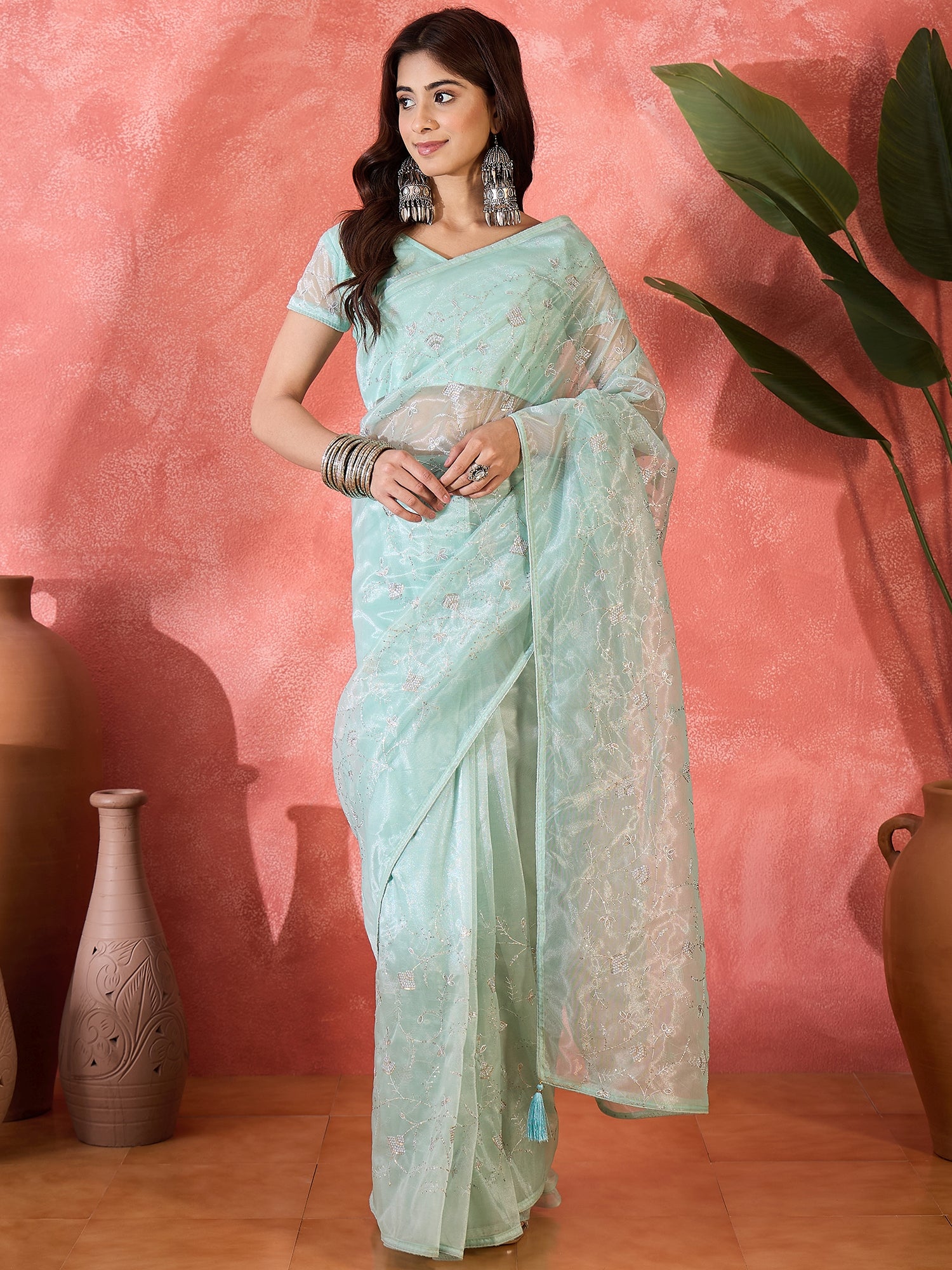 Sea Green Fancy Twill Net Sequins Embroidery Work Ceremonial Saree