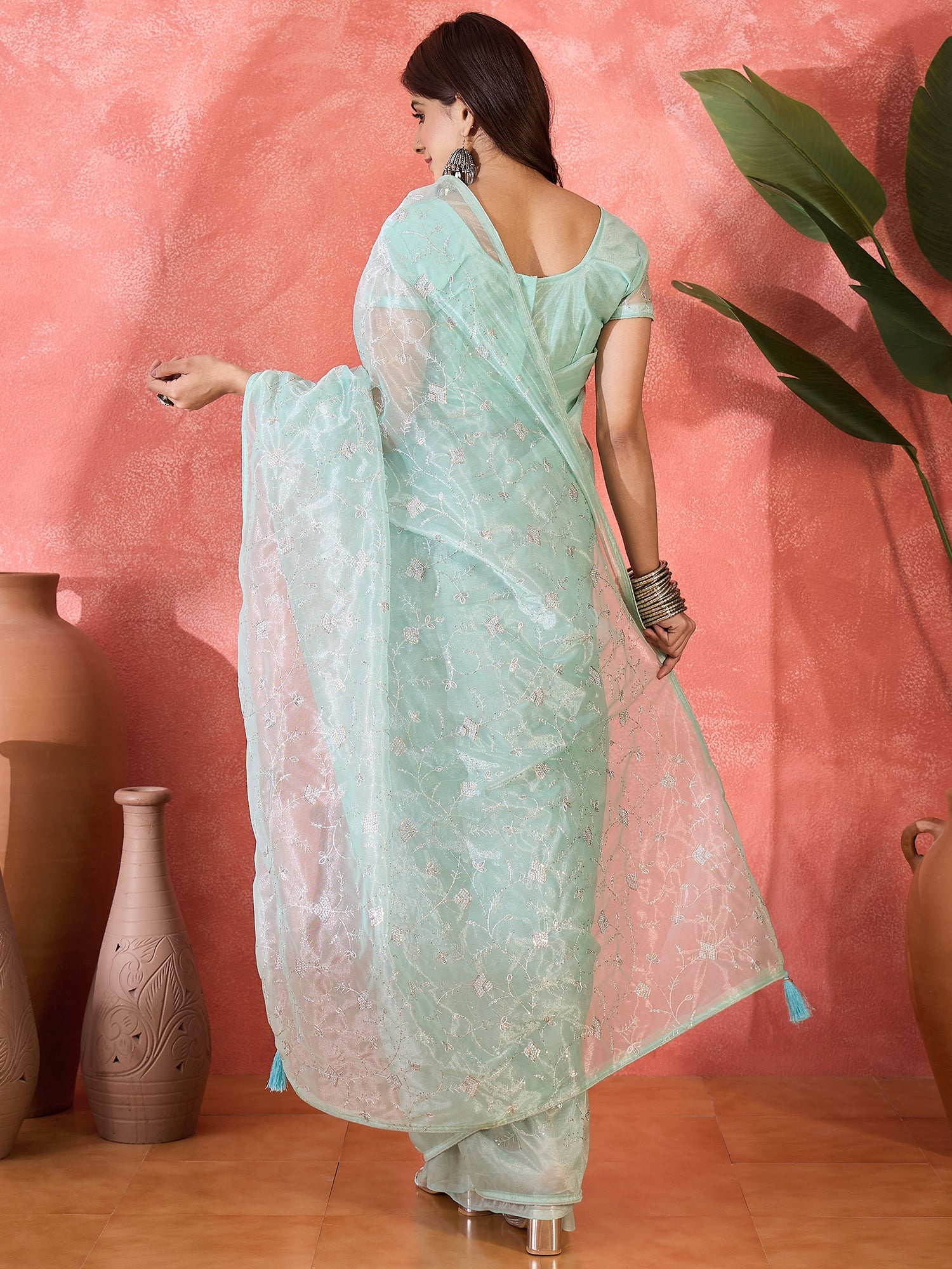 Sea Green Fancy Twill Net Sequins Embroidery Work Ceremonial Saree
