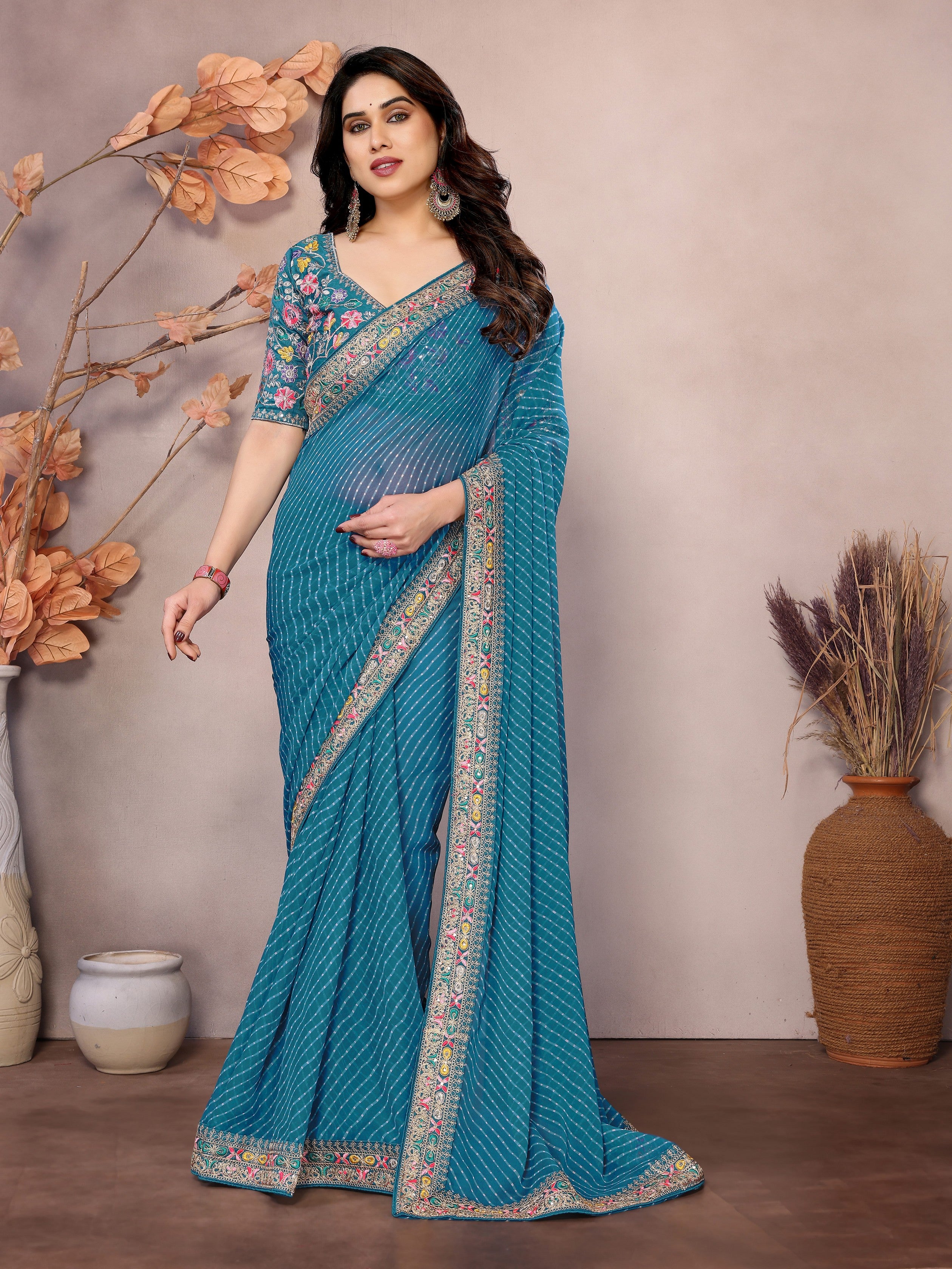 Sea Green Georgette Designer Embroidered Traditional Leheria Saree