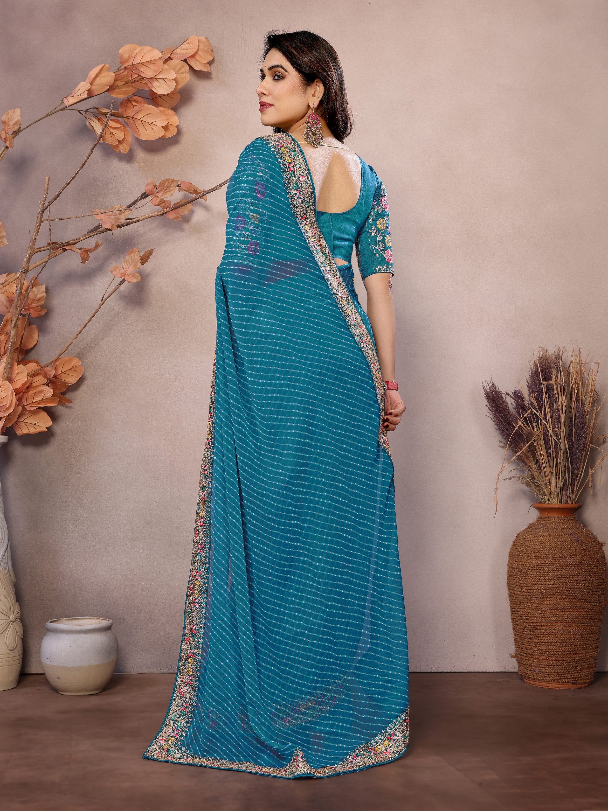 Sea Green Georgette Designer Embroidered Traditional Leheria Saree
