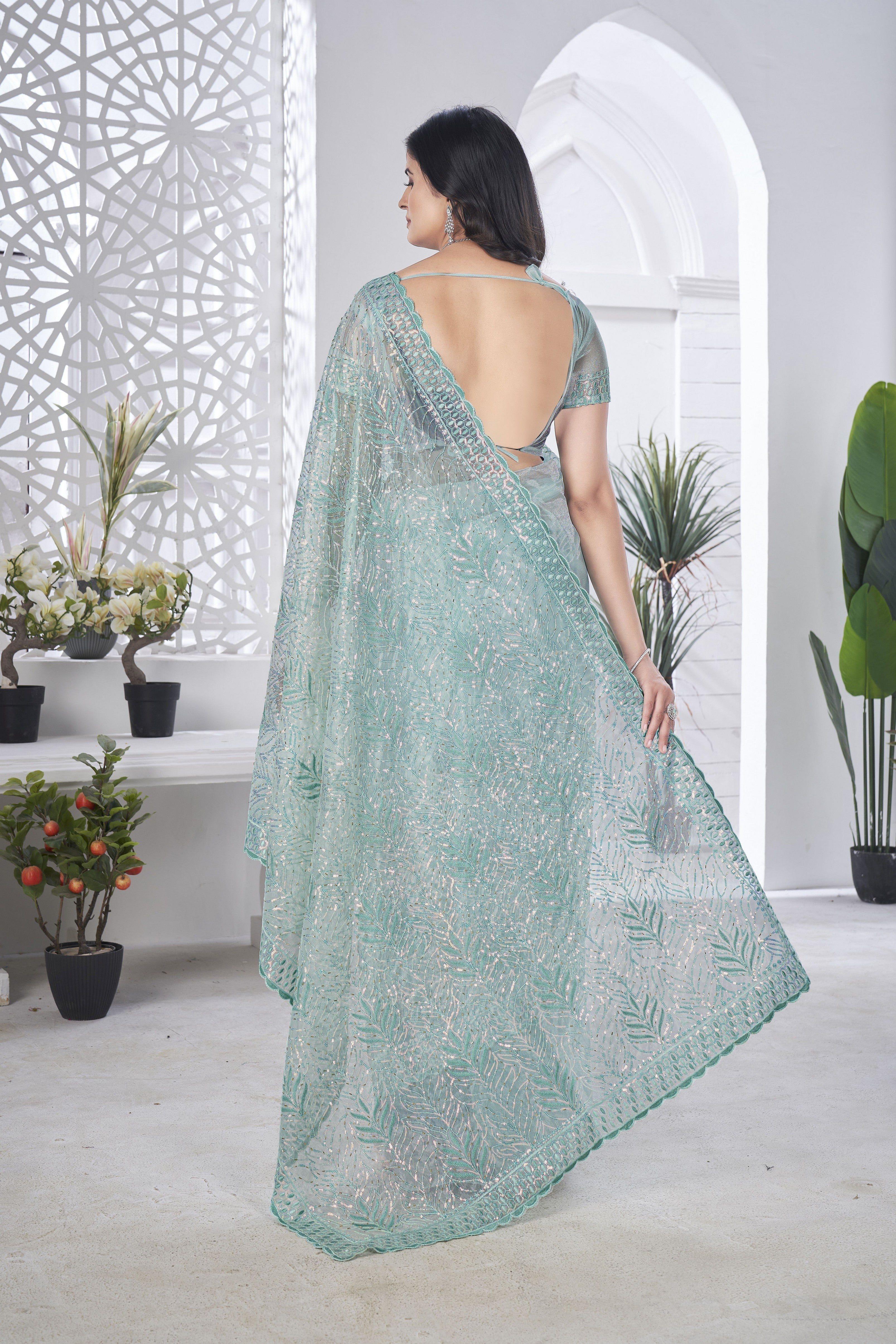 Sea Green Girlie Tissue Net Designer Embroidered Saree