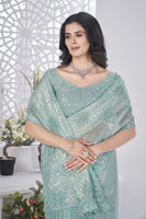 Sea Green Girlie Tissue Net Designer Embroidered Saree