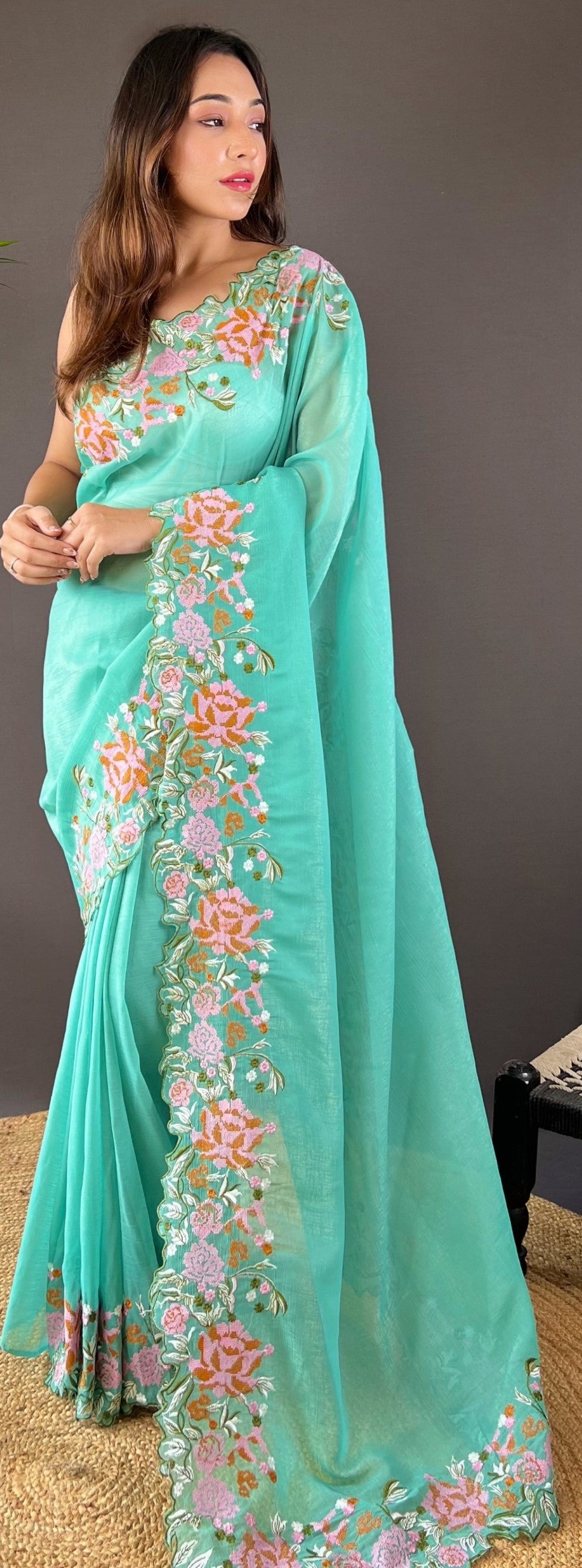 Sea Green Glossy Silk Cross Stich Embroidery Cut Work Adorable Partywear Girlie Saree