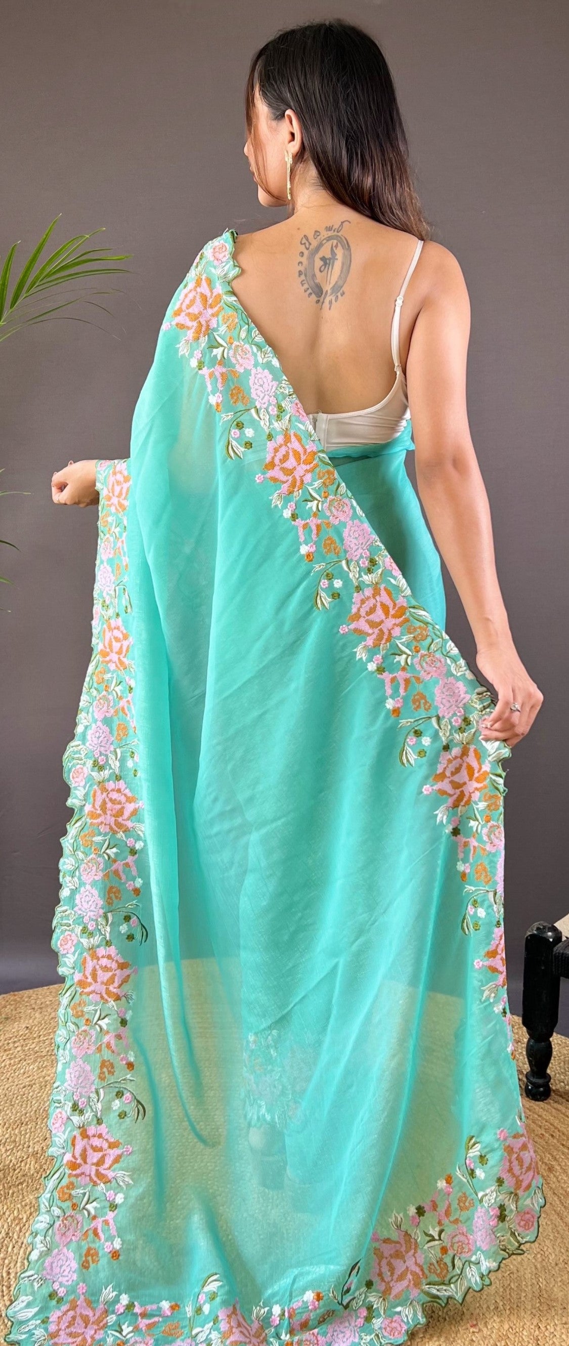 Sea Green Glossy Silk Cross Stich Embroidery Cut Work Adorable Partywear Girlie Saree