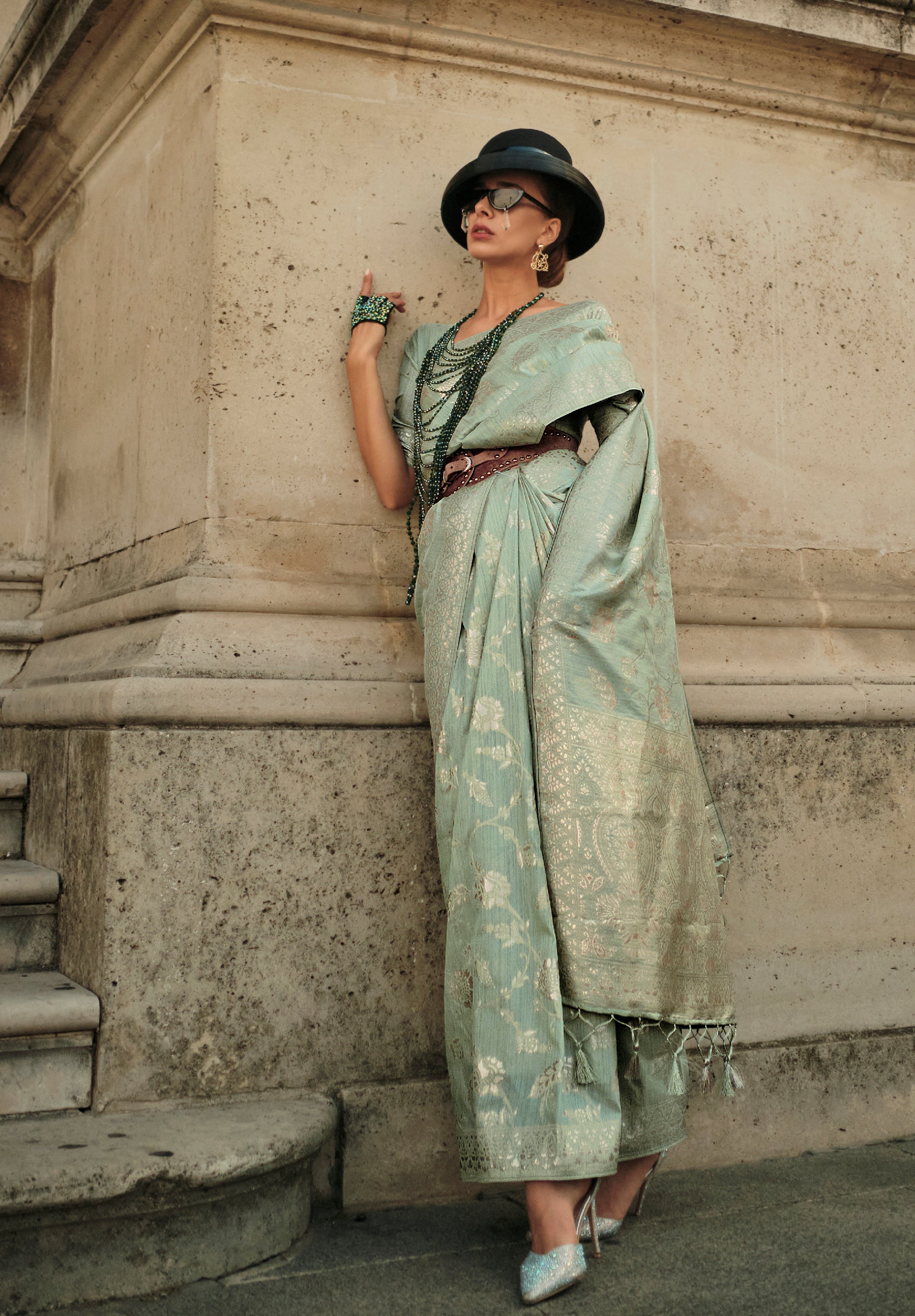 Sea Green Gota Zari Weaving Silk Saree With Woven Work